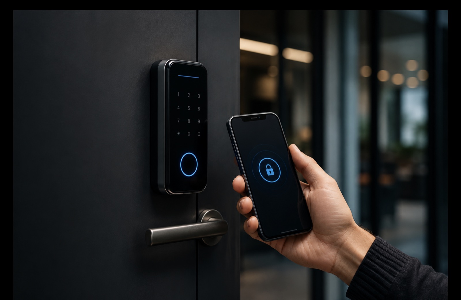 Apertura de una cerradura digital desde el móvil junto a una puerta